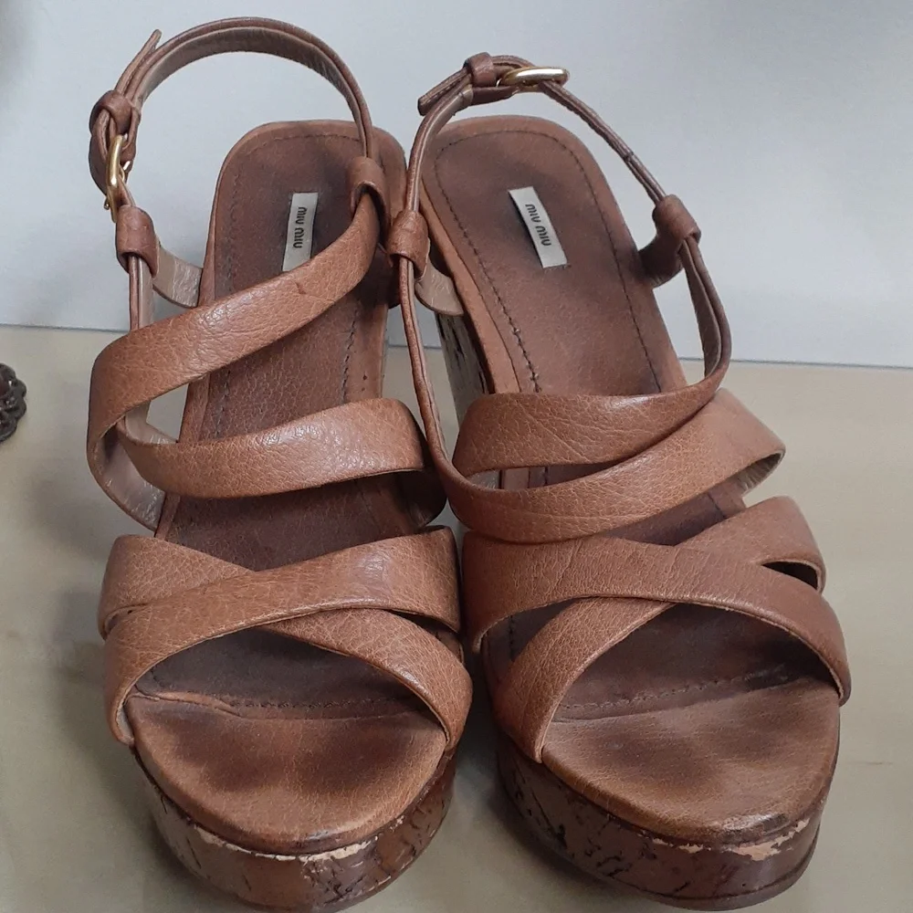 Miu Miu Leather Platform Sandals Shoes Heels Wedge Tan 41